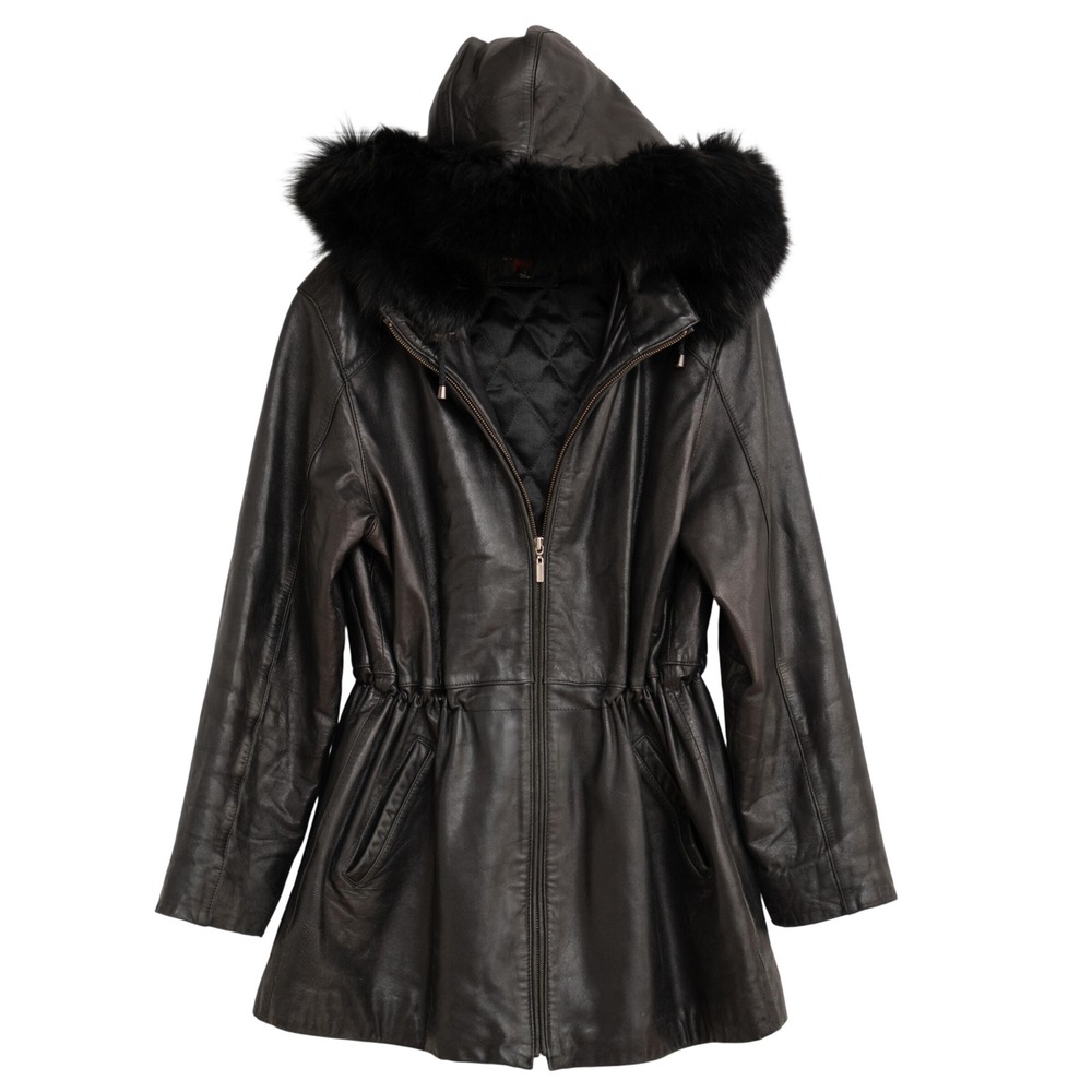 VTG Gallery Black Leather Coat Hooded Real Fox Fur Trim Edgy Luxury Glam Biker